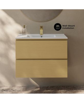 Liberte 30" Wall-Mounted Bathroom Vanity in Natural Oak with Sink Top