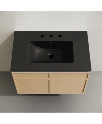 30" Wall-Mounted Bathroom Vanity, Natural Oak, Black 3-Hole Widespread Sink Top