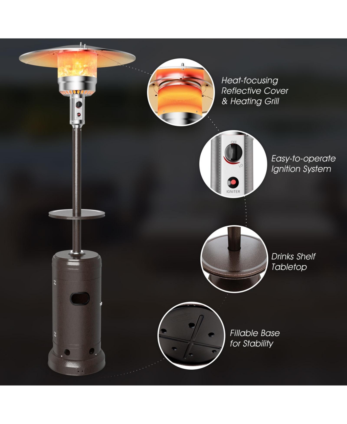Outdoor Heater Propane Standing Lp Gas Steel with Table and Wheels