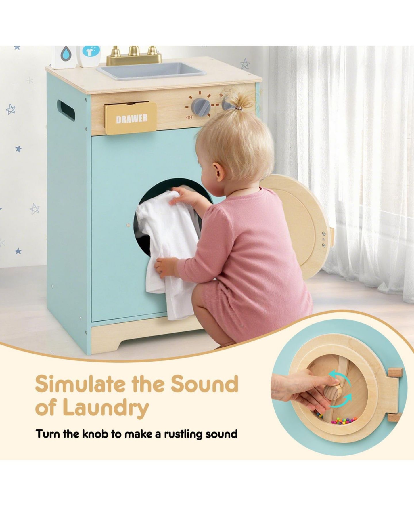 Детский игровой набор Mecale Wooden Washing Machine Playset with Realistic Sounds, 3-Piece, Ages 3+, цвет: Синий — фото 9