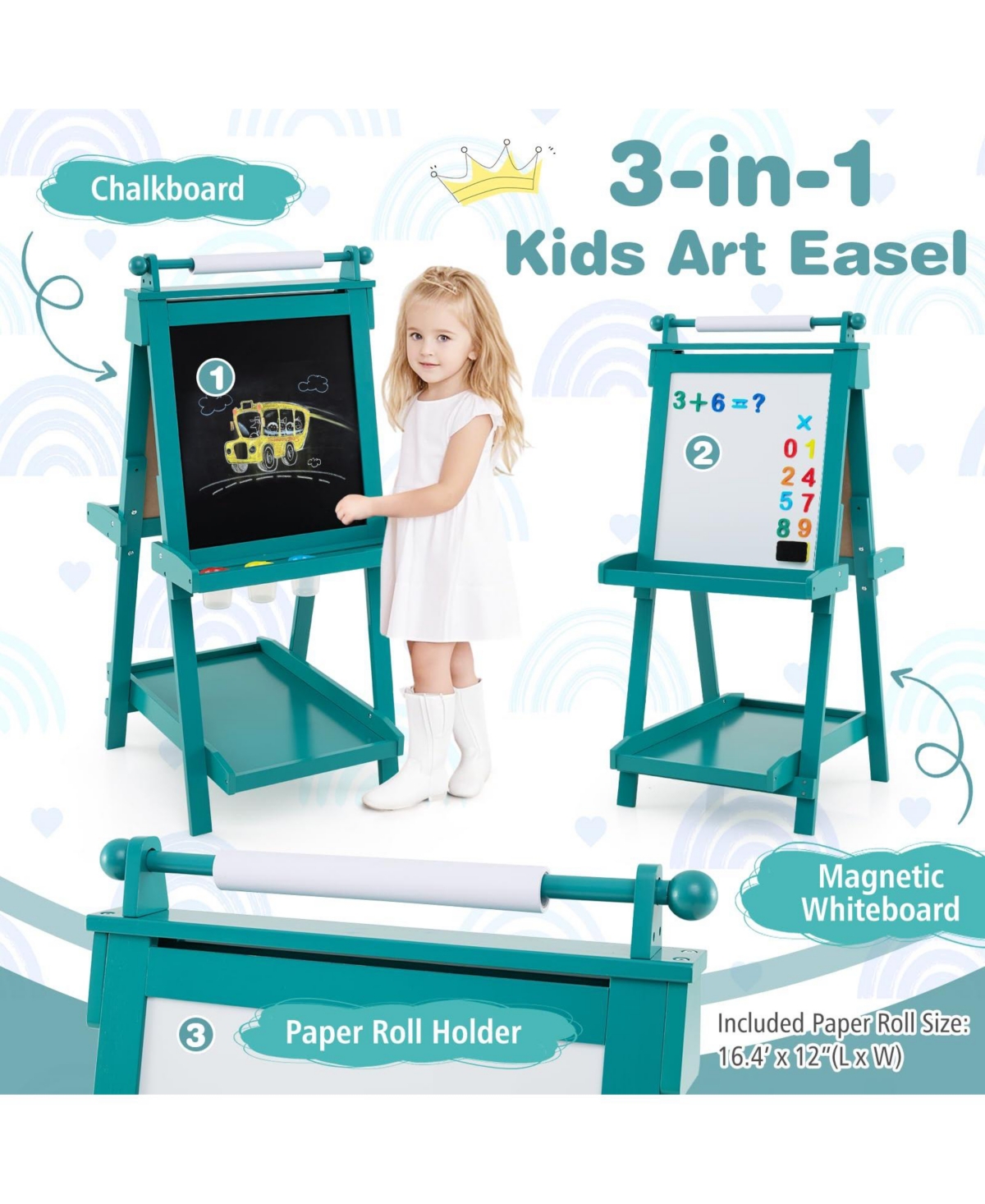 3-in-1 Double-sided Art Easel with Chalkboard and Magnetic Whiteboard