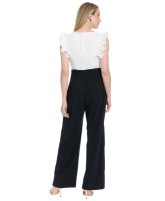 Women's Pleated Ruffle Sleeve Mixed Media Jumpsuit