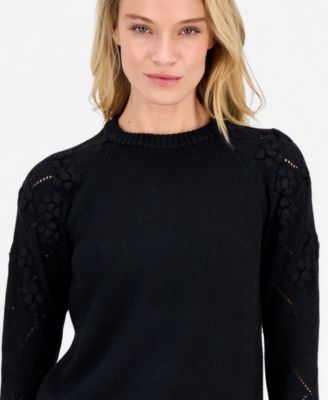Petite Floral-Trim Pointelle-Sleeve Sweater