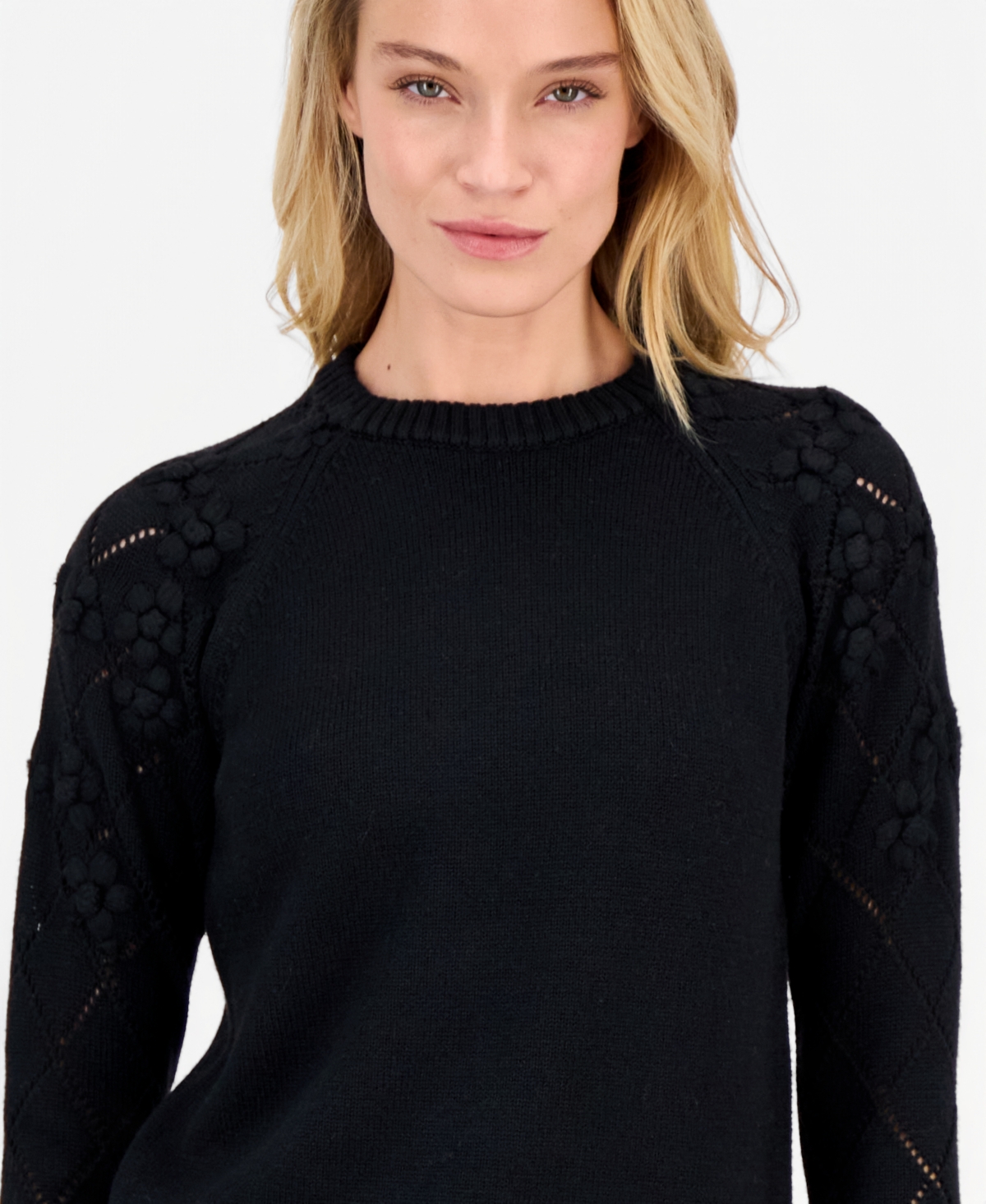 Anne Klein Women's Flower-Trim Long-Sleeve Sweater