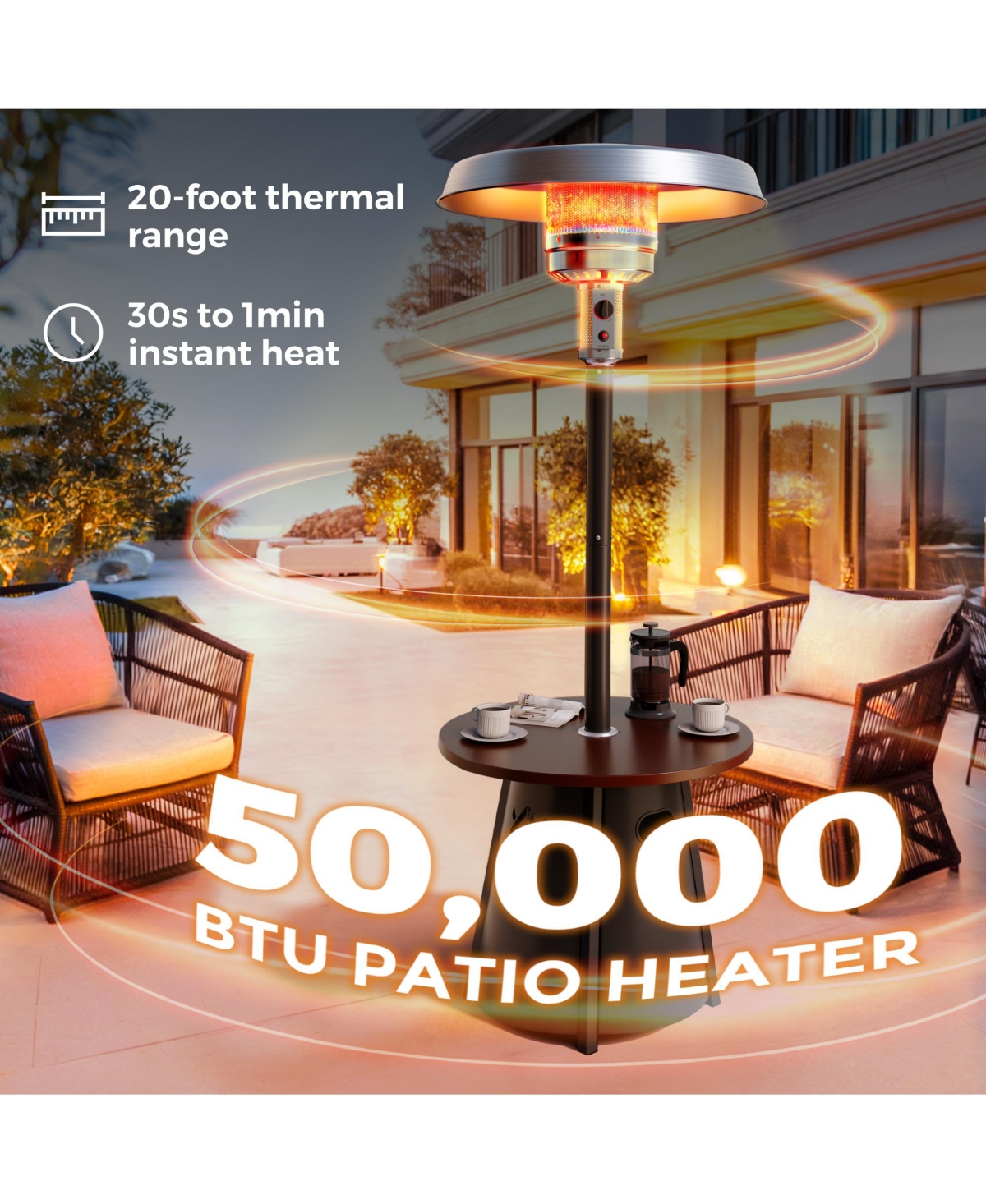 Pamapic 50,000 Btu Propane Patio Heater with 28" Round Storage Table and Adjustable Thermostat