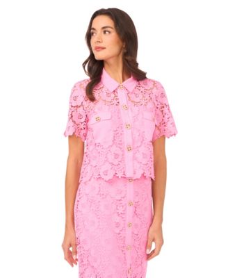 CeCe - Women's Lace Short-Sleeve Button-Up Blouse