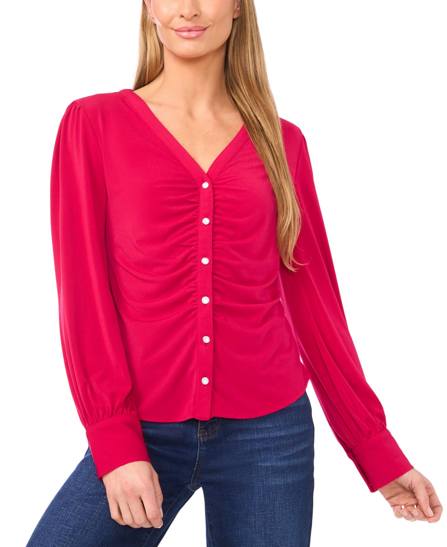 Женский топ CeCe V-Neck Long-Sleeve Shirred Knit, цвет: Розовый — фото 1