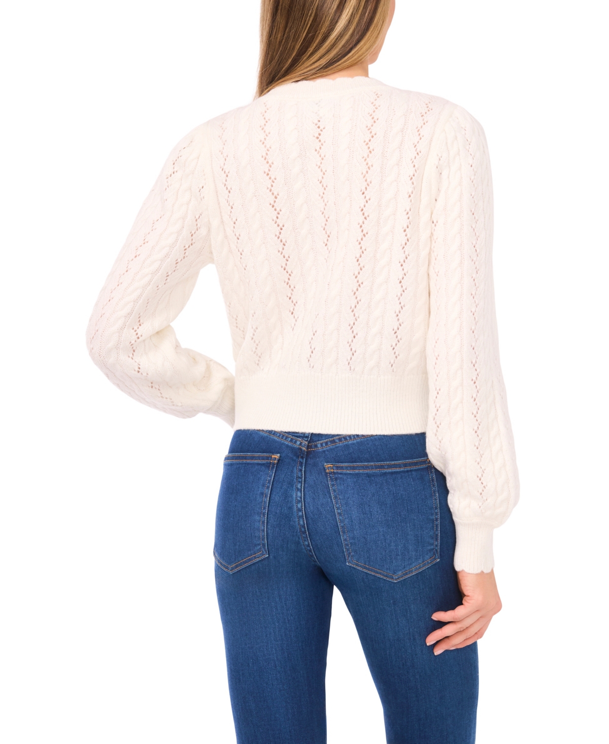 CeCe Women's Crewneck Heart Button Pointelle Cardigan Sweater