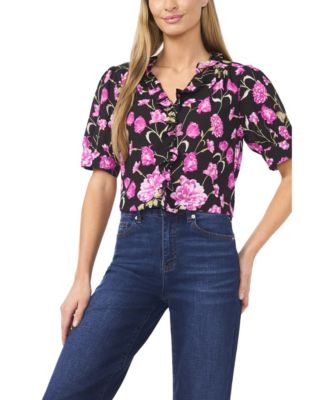 CeCe - Women's Puff Short-Sleeve Button Down Ruffle Top
