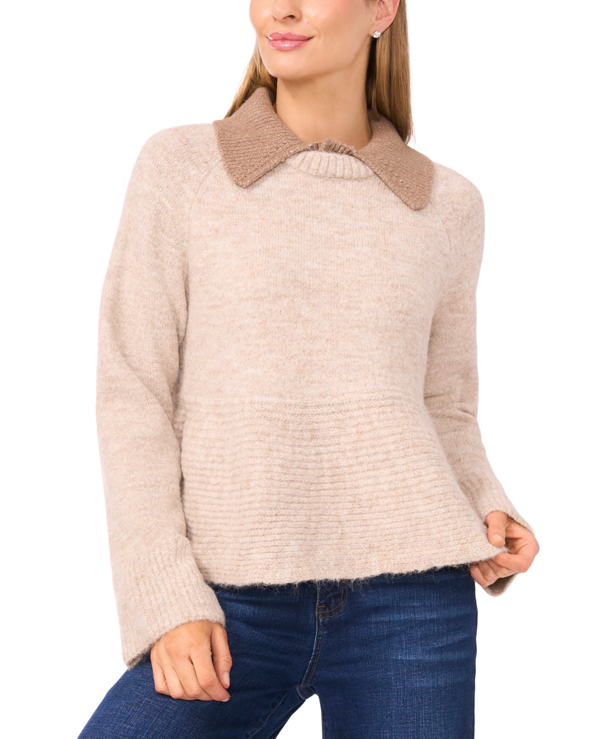 CeCe Women's Collared Peplum Long-Sleeve Sweater
