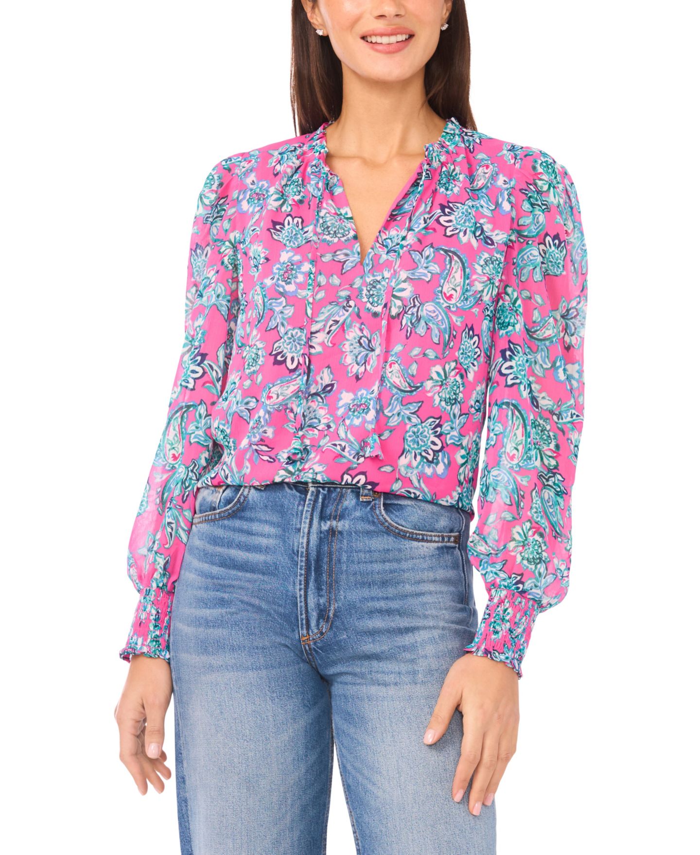 Женская блузка CeCe Smocked Cuff Ruffle Long-Sleeve, цвет: Розовый — фото 1