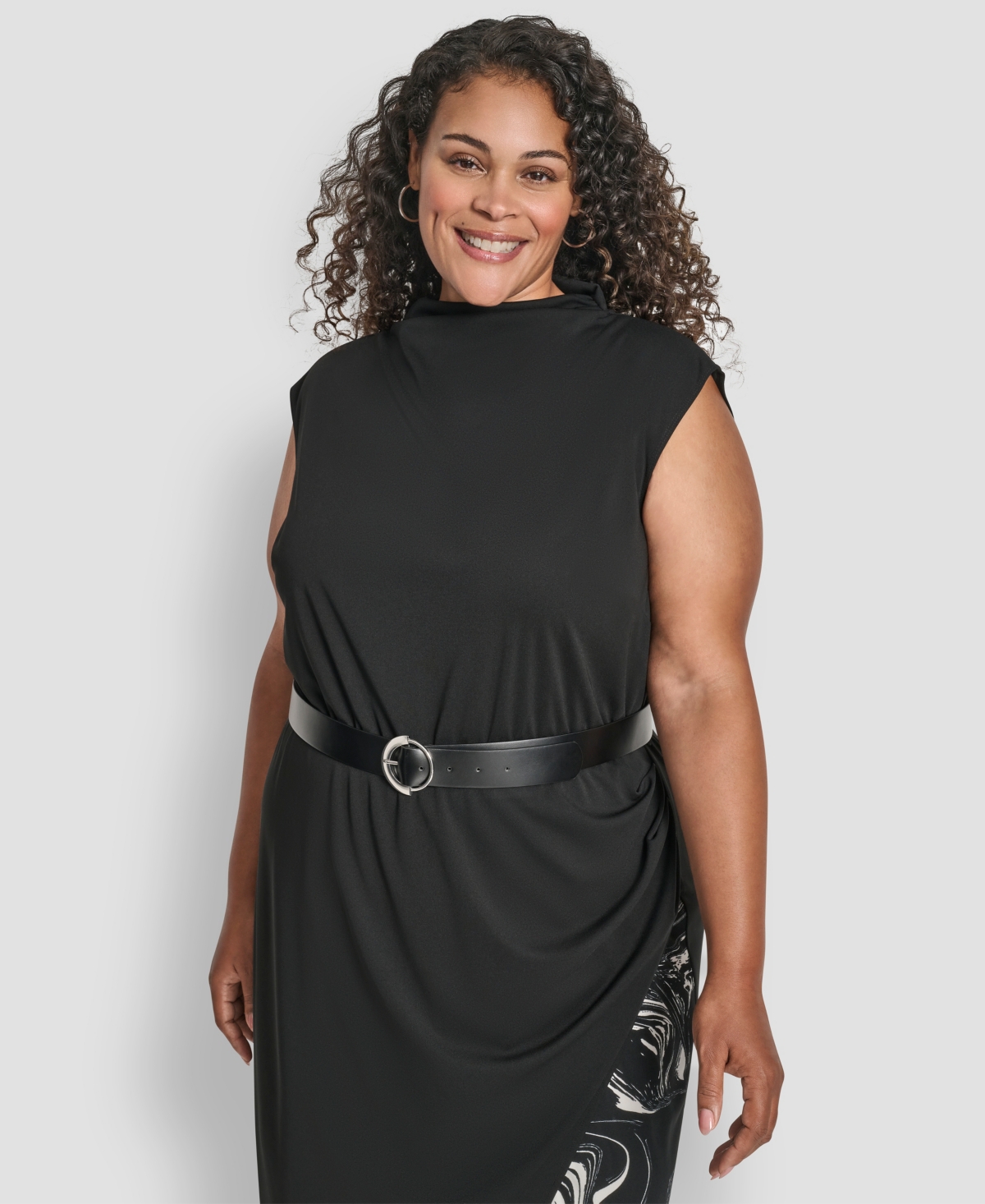 Dkny Plus Size Sleeveless Funnel Neck Belted Midi Dress In Multi