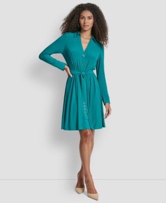Women's Long Sleeve Collared Neck Godet Fit and Flare Dress