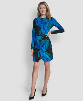 Women's Long Sleeve Jewel Neck Ruched Skirt Dress