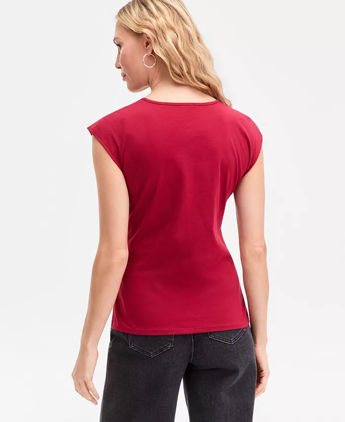 Women's Cap Sleeve Ruched Cotton V-Neck T-Shirt - thumbnail 2