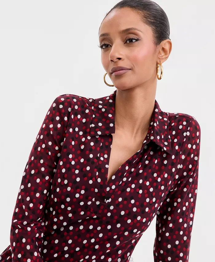 Women's Long Sleeve Printed Mesh Collared Shirt - thumbnail 6