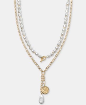 On 34th - Imitation Pearl Layered Lariat Necklace, 18" + 3" extender