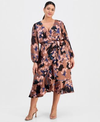 Plus Size Floral Print Faux-Wrap Midi Dress