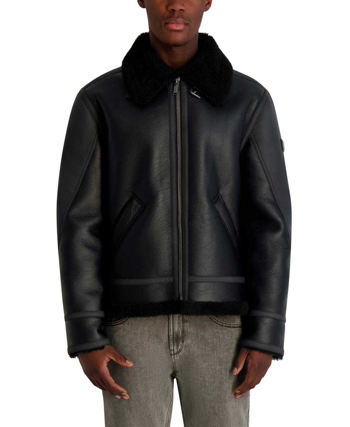 Karl Lagerfeld Paris Men's Sherpa Lined Faux Leather Collared Jacket