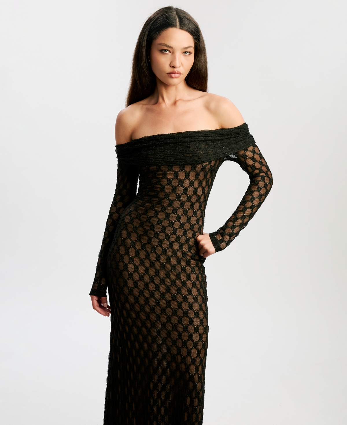 Bardot Adoni Off-the-shoulder Fitted Stretch Lace Midi Dress In Black