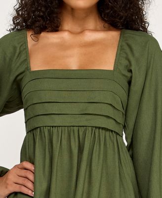 Women's Pleated Tie Back Long-Sleeve Baby Doll Dress