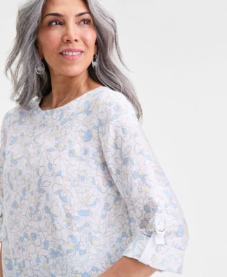 Women's Linen Sketched Floral 3/4-Sleeve Top, Macy's Exclusive