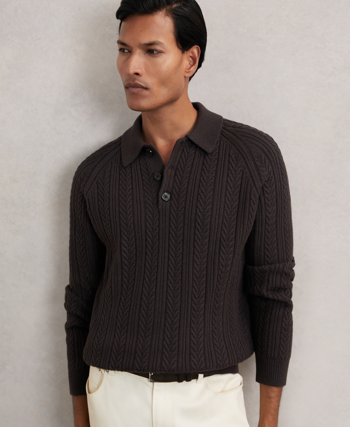 Reiss Men's Half-Button Cable-Knit Wool Shirt