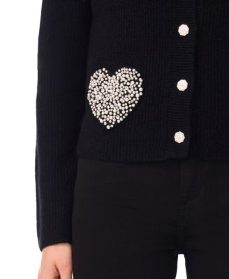 Women's Valentine's Crewneck Rhinestone Heart Pocket Cardigan Sweater