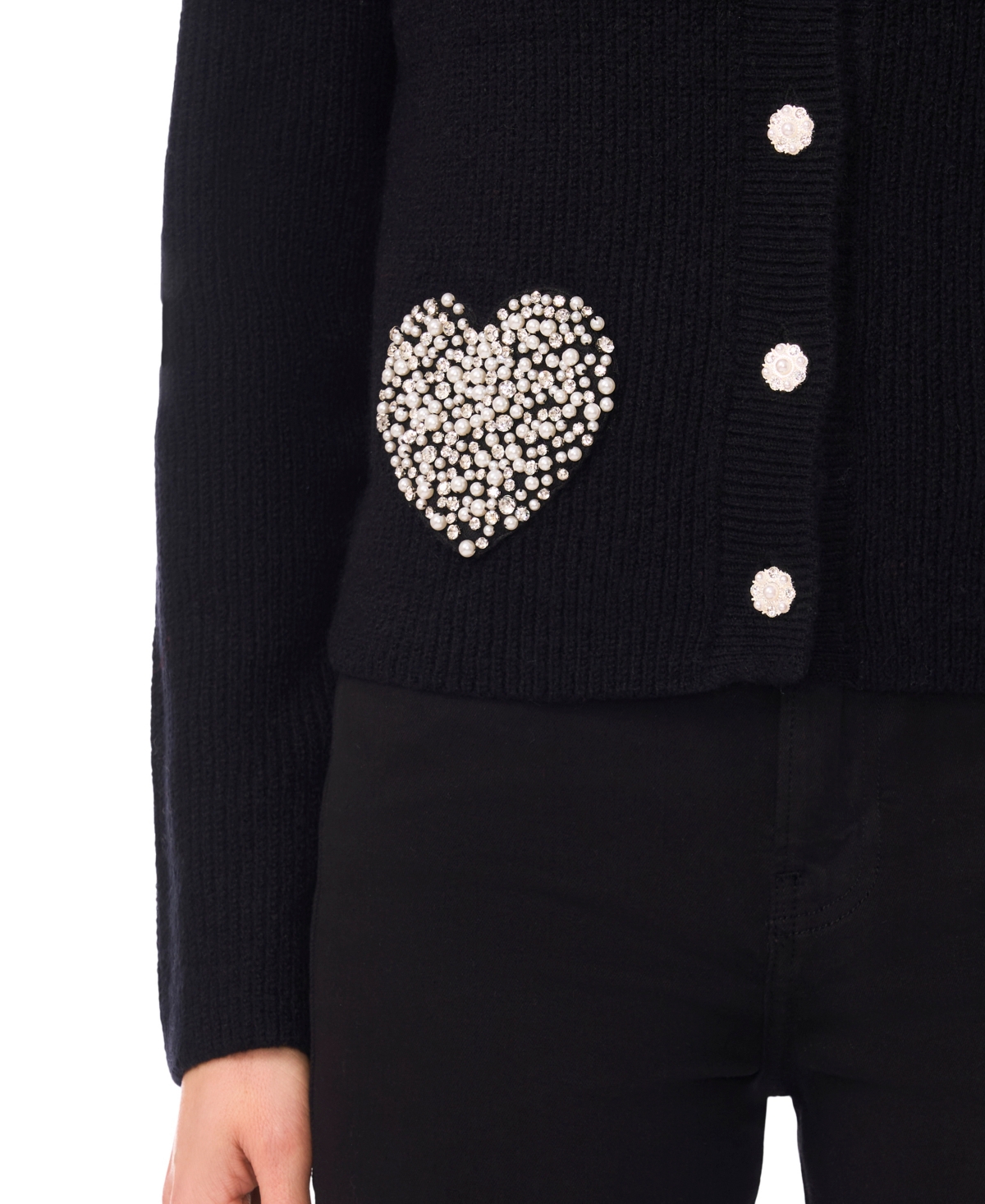 CeCe Women's Crewneck Rhinestone Heart Pocket Cardigan