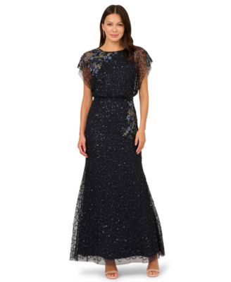 Adrianna Papell - Women's Beaded Lace Blouson Boat Neck Dress