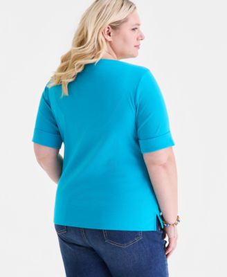 Plus Size Boat-Neck Elbow Sleeve Cotton Top