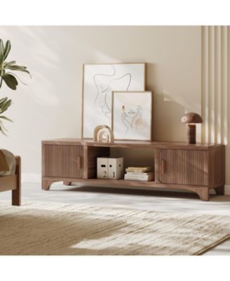 58" Mid Century Modern Fluted TV Stand for 55-65 Inch Television, Media Console with Soft-Close Doors and Storage Shelves