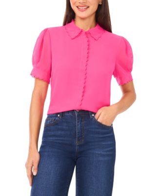 CeCe - Women's Short-Sleeve Scallop Trim Button-Up Top