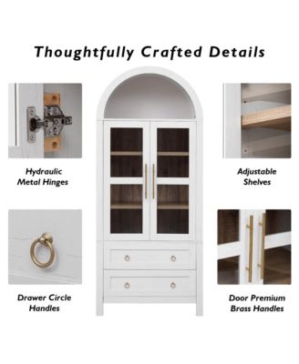 71" Tall Arched Kitchen Pantry Cabinet with Glass Doors, Adjustable Shelves & 2 Large Drawers