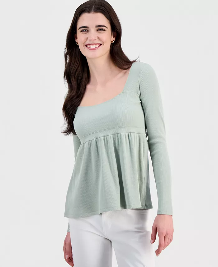 Juniors' Long Sleeve Ribbed Babydoll Top - thumbnail 4