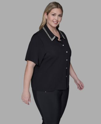 Women's Plus Size Sparkle Trim Knit Short-Sleeve Top