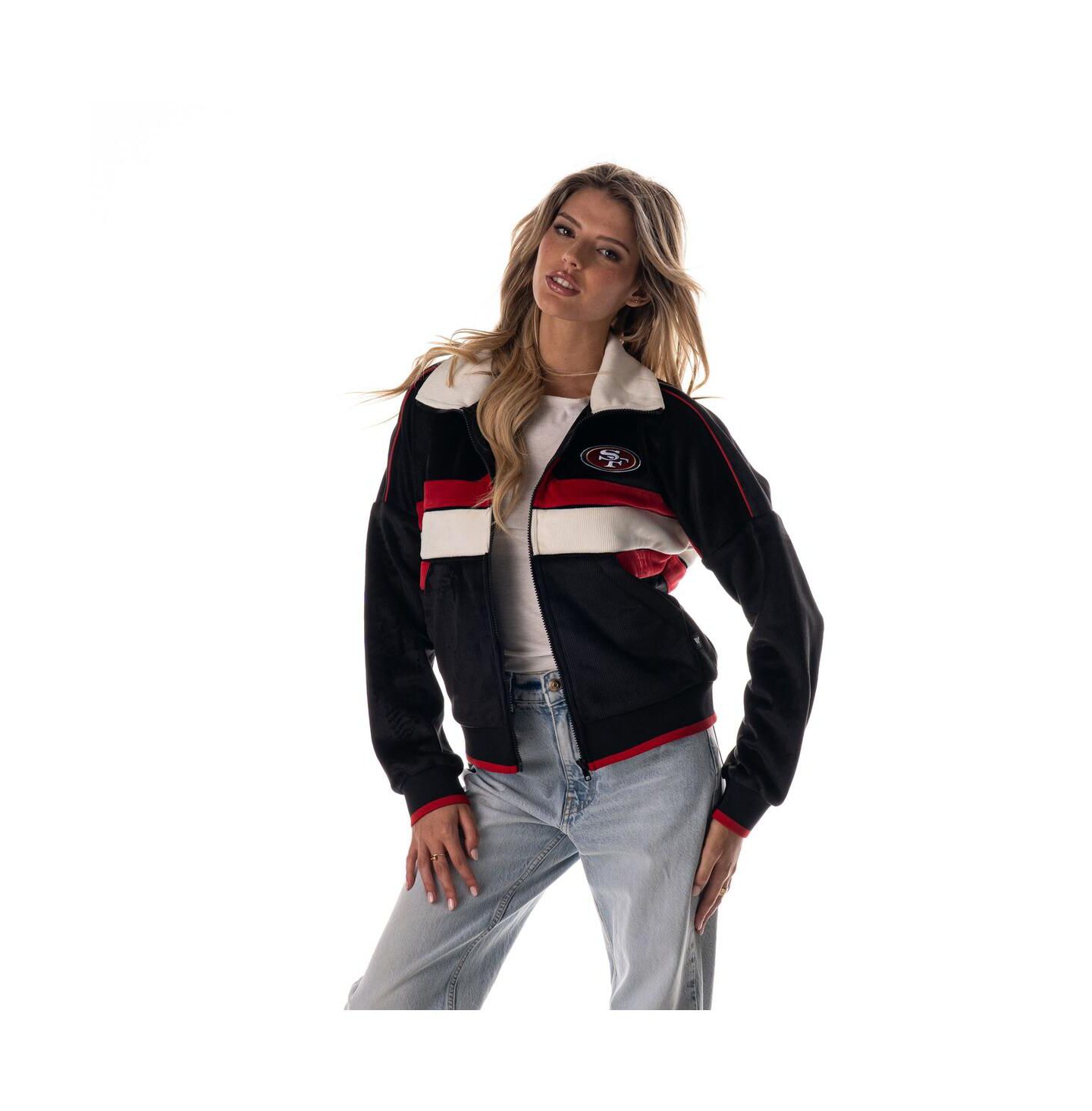 Женская куртка The Wild Collective Black San Francisco 49ers Cropped Corduroy Full-Zip Bomber — фото 4