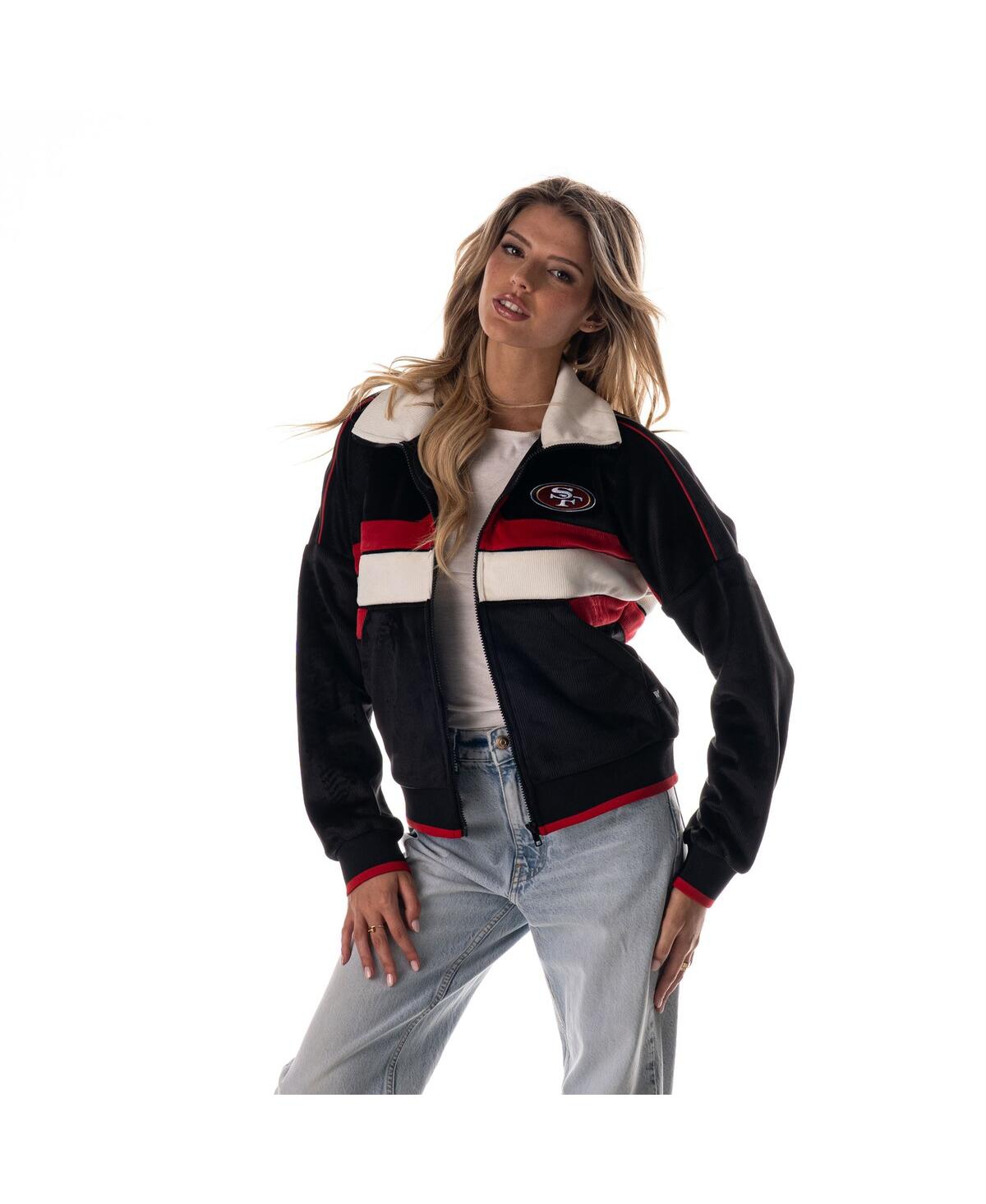 The Wild Collective Women's Black San Francisco 49ers Cropped Corduroy Full-Zip Bomber Jacket