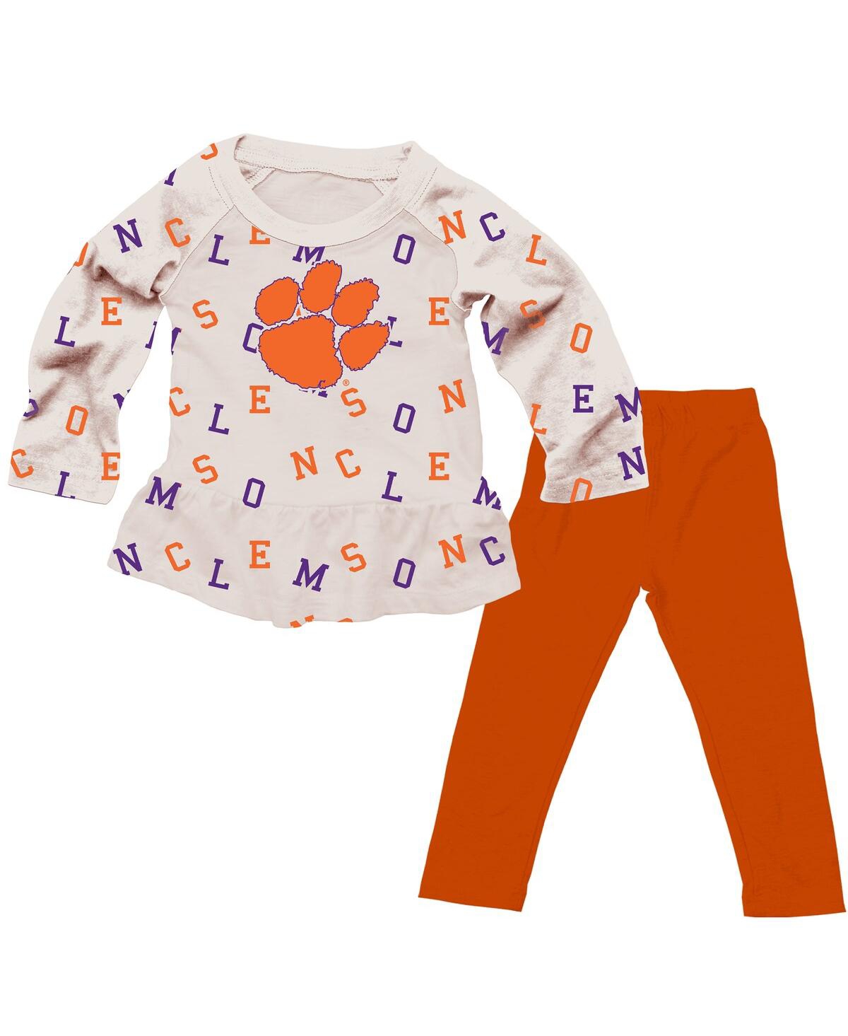 Wes & Willy Baby Girls 2-piece Oatmeal Clemson Tigers Ruffle Raglan Long Sleeve T-shirt And Leggings Set In Brown