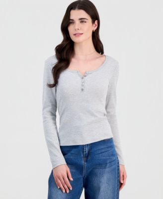 Juniors' Scoop-Neck Long-Line Henley Top