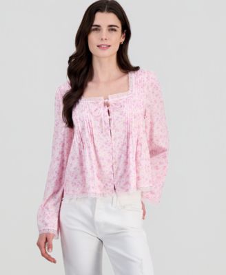 Juniors' Lace-Trim Floral-Print Pintucked Top