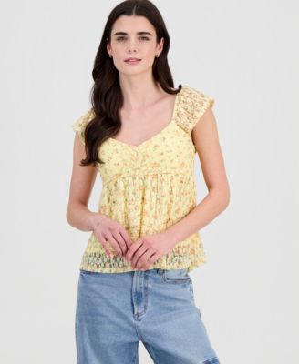 Juniors' Floral Lace Flutter-Sleeve Babydoll Top