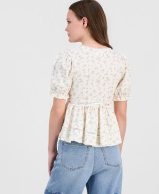 Juniors' Printed Puff-Sleeve Babydoll Top