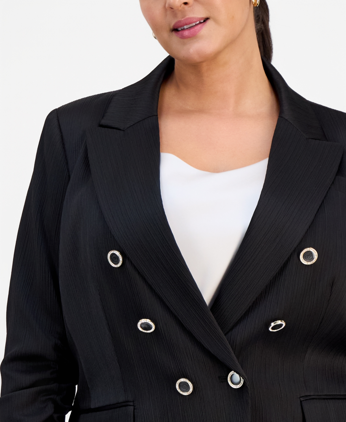 Tahari Asl Plus Size Crinkle-satin Faux-double-breasted Blazer In Black