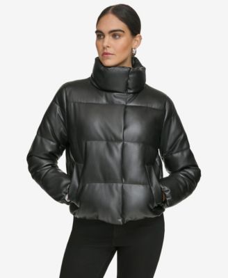Women's Short Faux-Leather Puffer Jacket