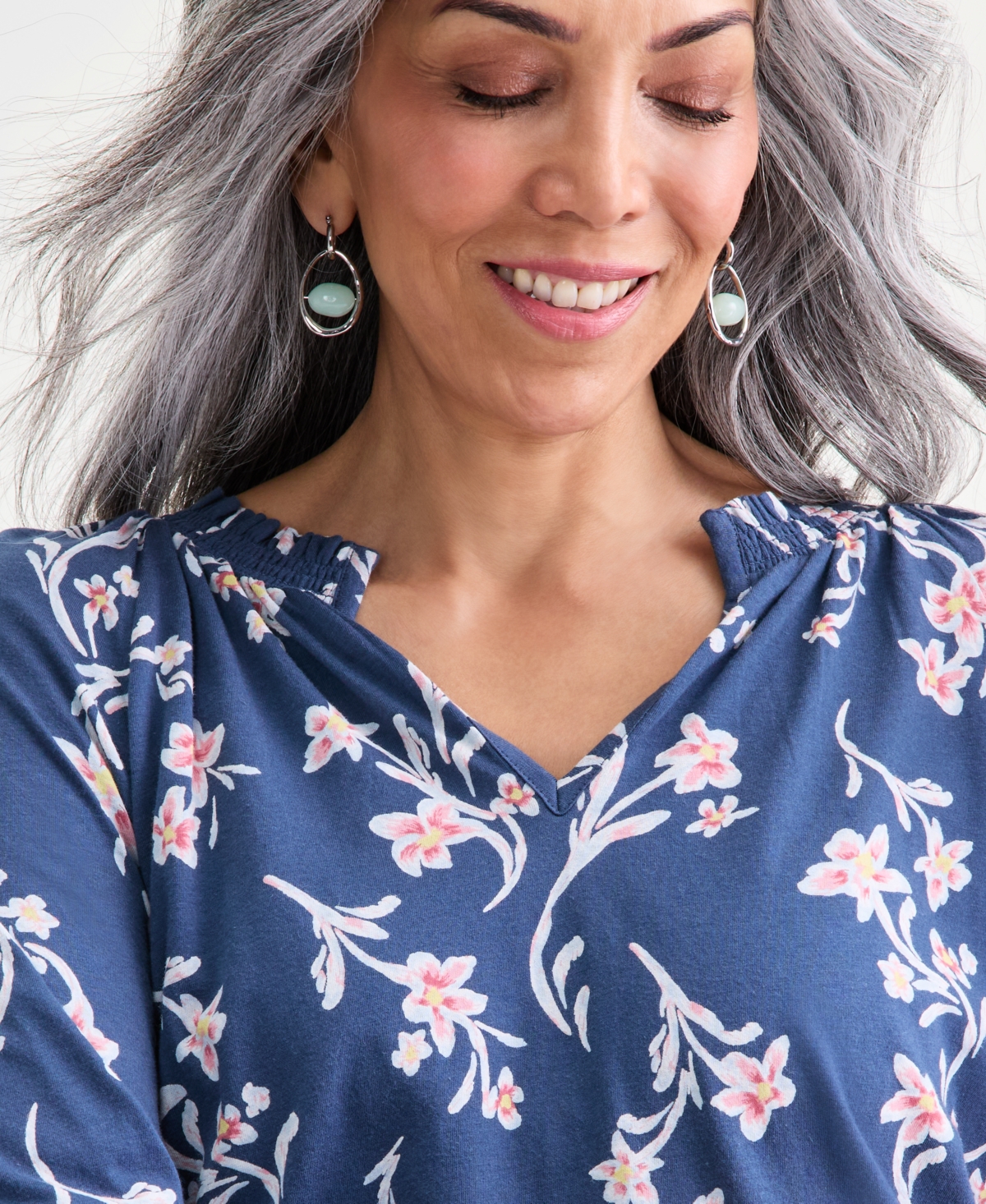 Style & Co Women's Printed Smocked Knit Top, Macy's Exclusive