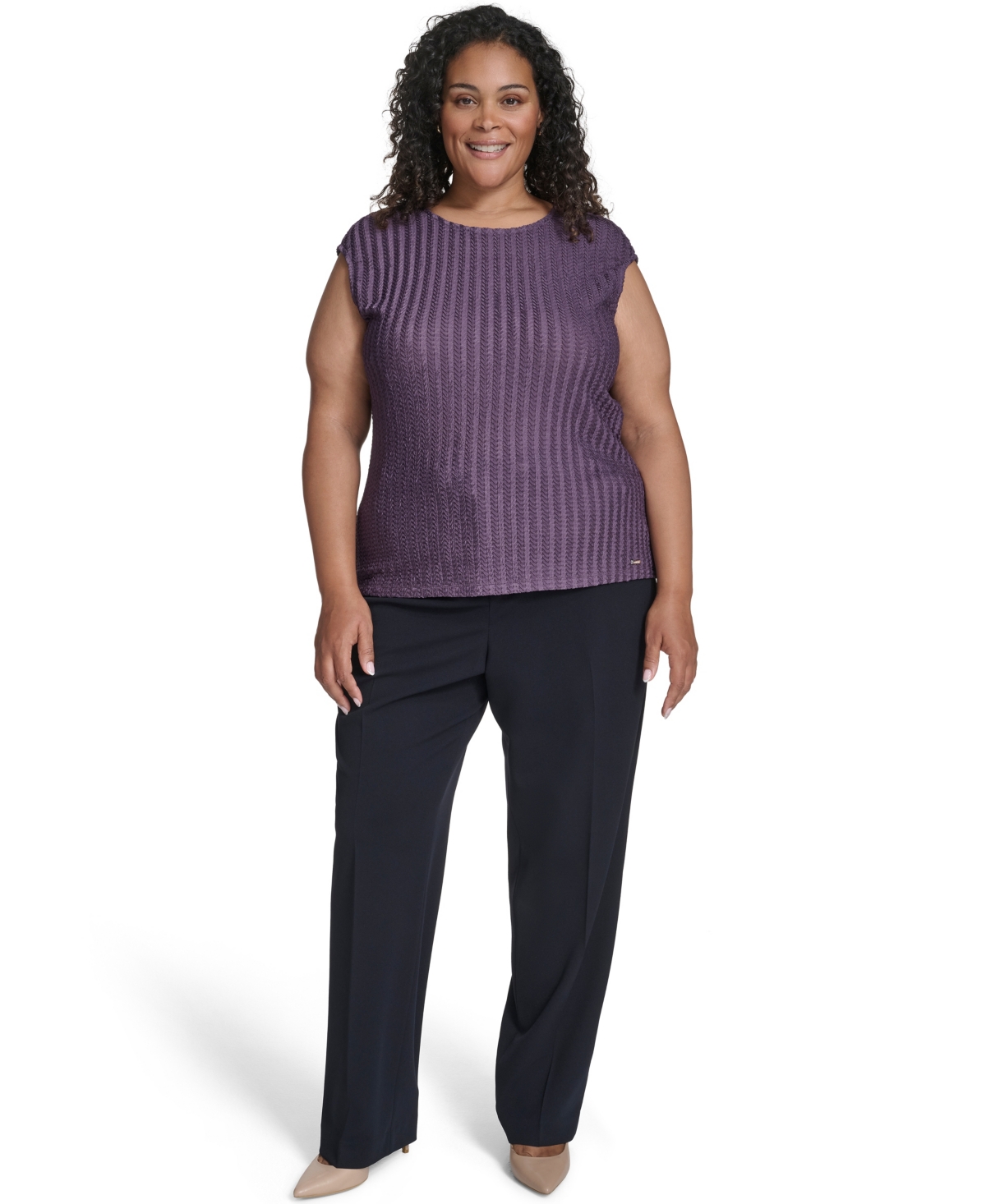 Calvin Klein Plus Size Cap Sleeve Textured Knit Top In Purple