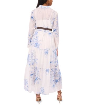 Women's Long-Sleeve Collared Tiered Skirt & Belt Dress