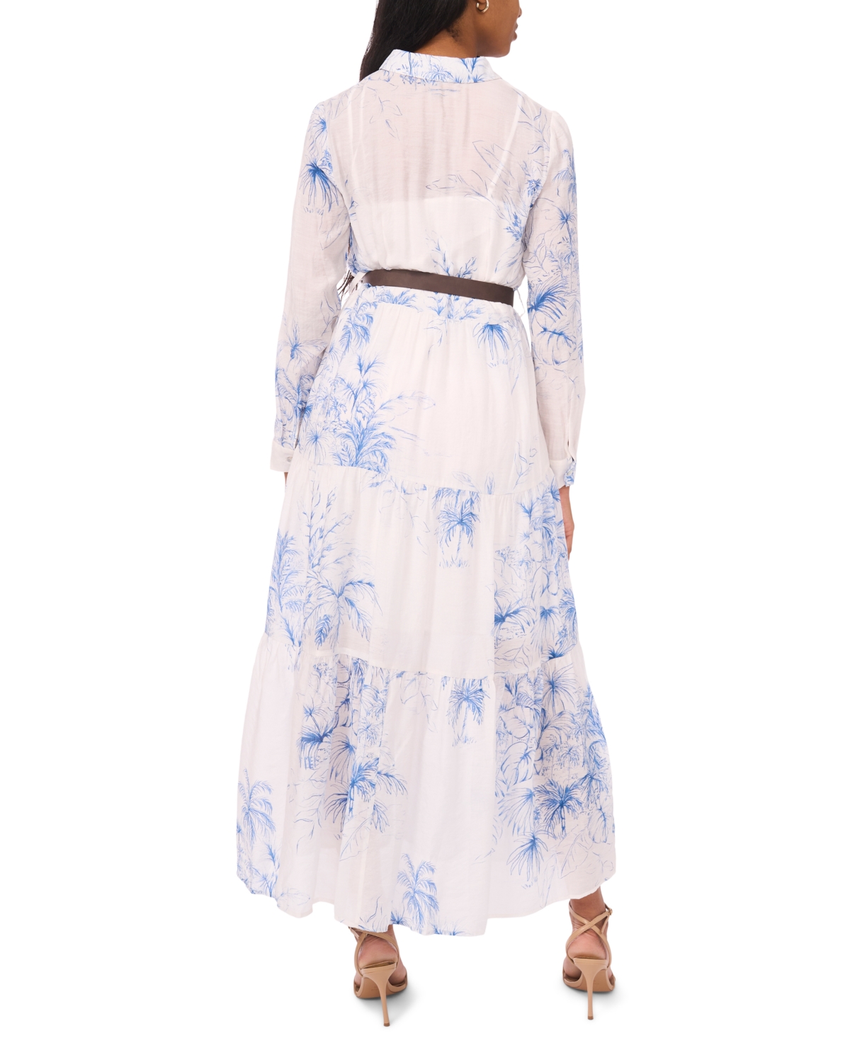 Msk Women's Long-Sleeve Collared Tiered Skirt & Belt Dress