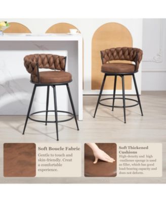 Swivel Bar Stools Set of 3, 24 Inches Modern Counter Height Bar Stools with Woven Back, Upholstered Suede Tall Barstools
